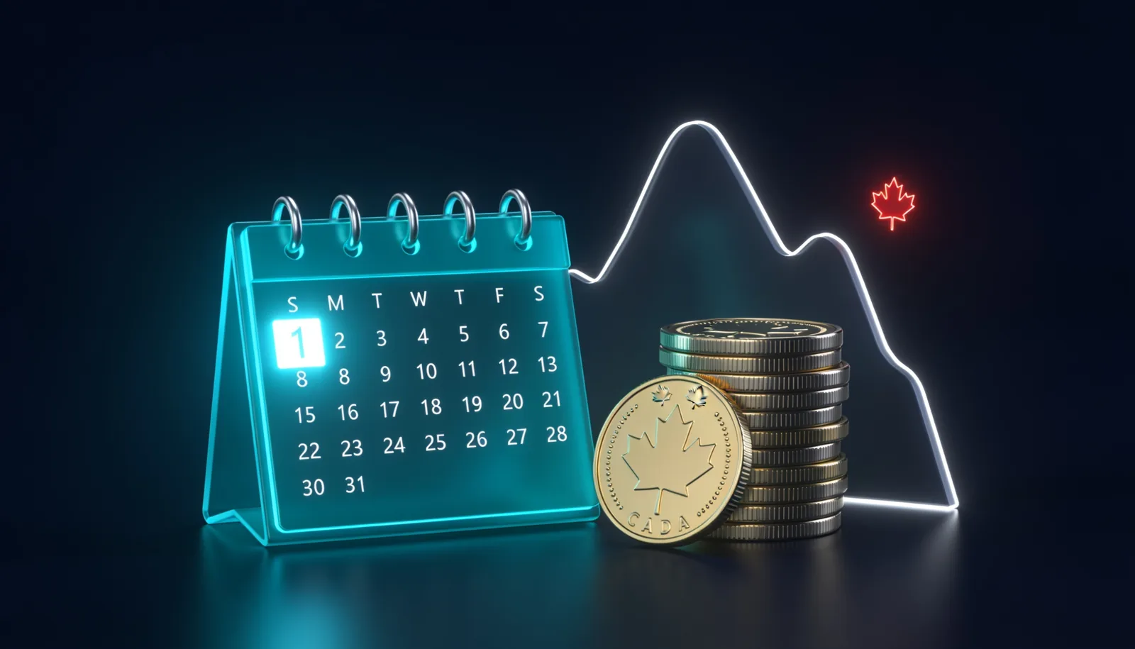 AISH payment dates 2026 calendar with first of month highlighted and Canadian coins before a mountain outline