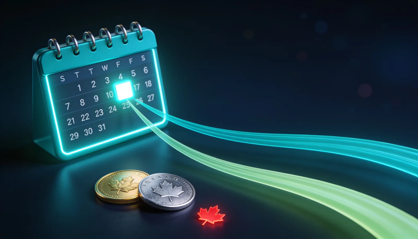 CPP and OAS payment dates 2026 calendar showing two pension deposits arriving the same day with Canadian coins