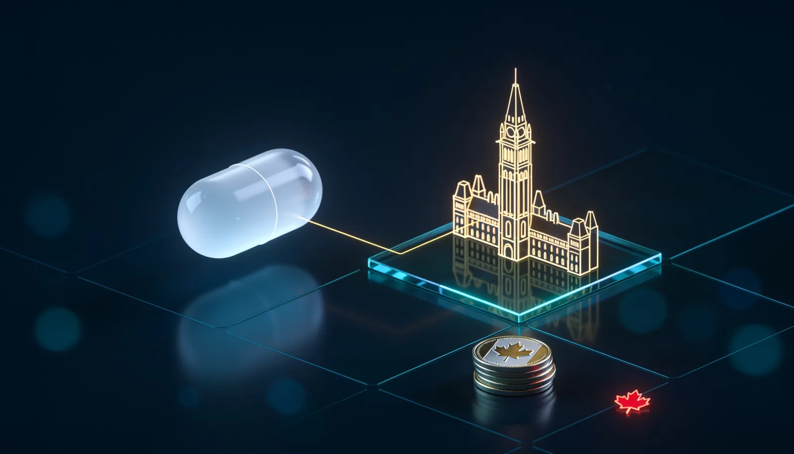 Canada FED deposit decoded, white capsule linked to a parliament tower icon with Canadian coins