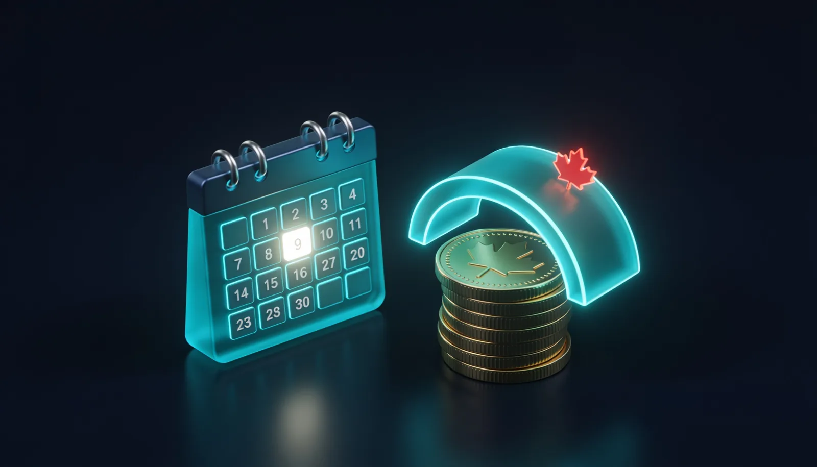 ODSP payment dates 2026 calendar with month-end deposit day highlighted and sheltered stack of Canadian coins