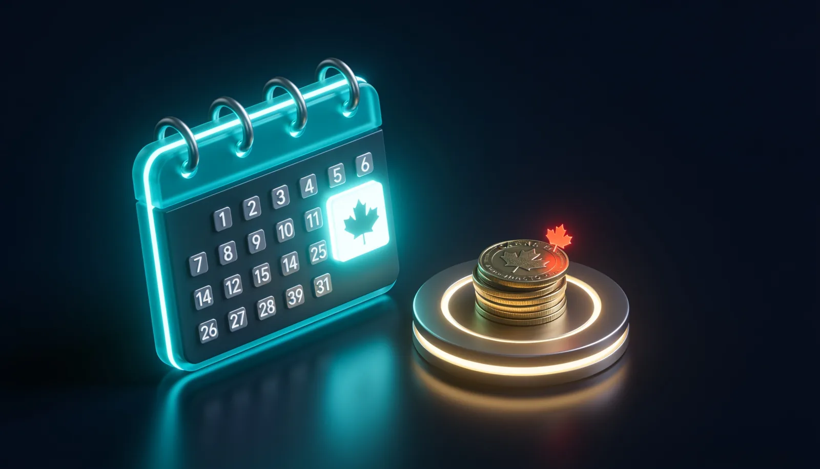Ontario Works payment dates 2026 calendar with month-end highlighted and a modest stack of Canadian coins
