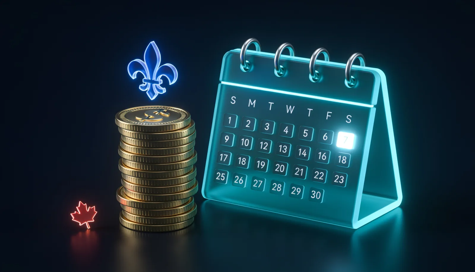 QPP payment dates 2026 calendar with last working day highlighted, golden coins and a fleur-de-lis